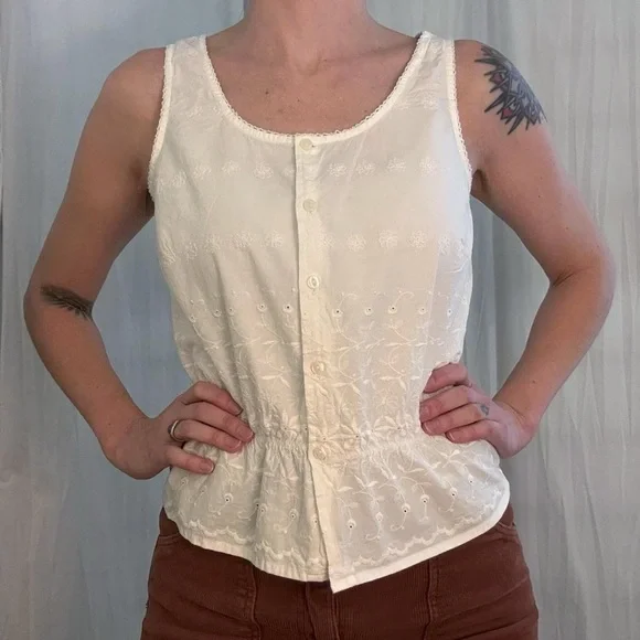 White Eyelet Peasant Button Down Sleeveless Blouse with Waist Elastic Y2K Boho - Picture 4 of 8